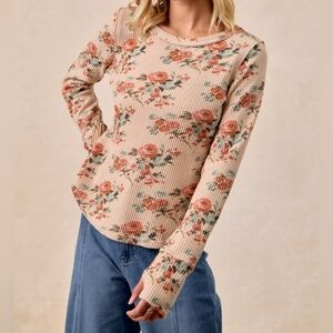 Women's Cozy Floral Waffle Knit  Long Sleeve Thermal Top with Thumbholes